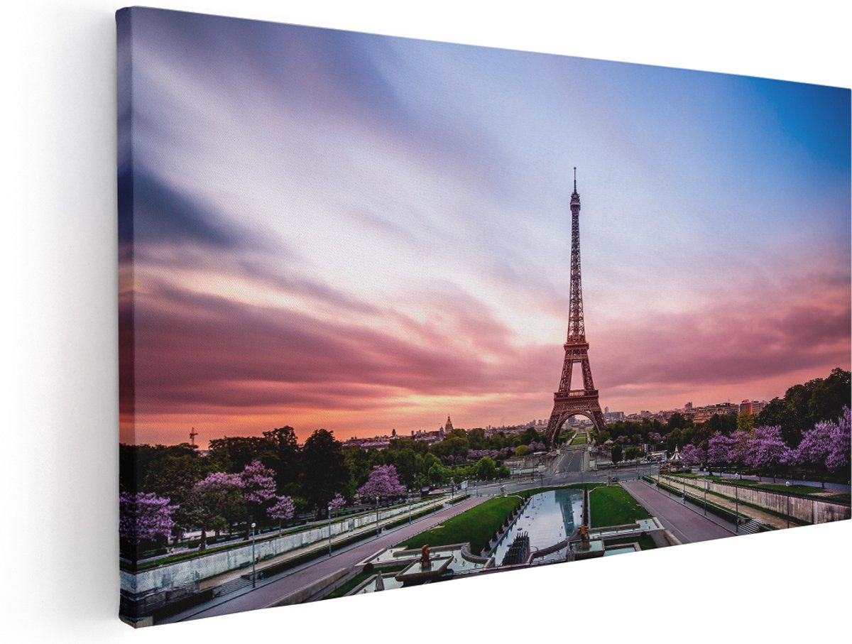 Artaza Canvas Schilderij Eiffeltoren In Parijs Met Kleurrijke Hemel - 180x90 cm - Groot - Wanddecoratie Woonkamer - Schilderijen - Muurdecoratie
