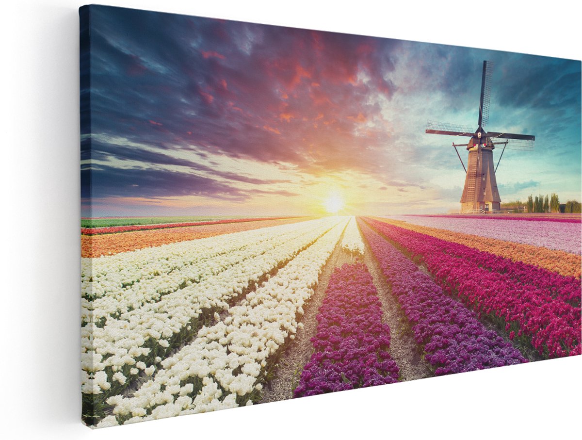 Artaza Canvas Schilderij Kleurrijke Tulpen Bloemenveld - Windmolen - 180x90 cm - Groot - Wanddecoratie Woonkamer - Schilderijen - Muurdecoratie
