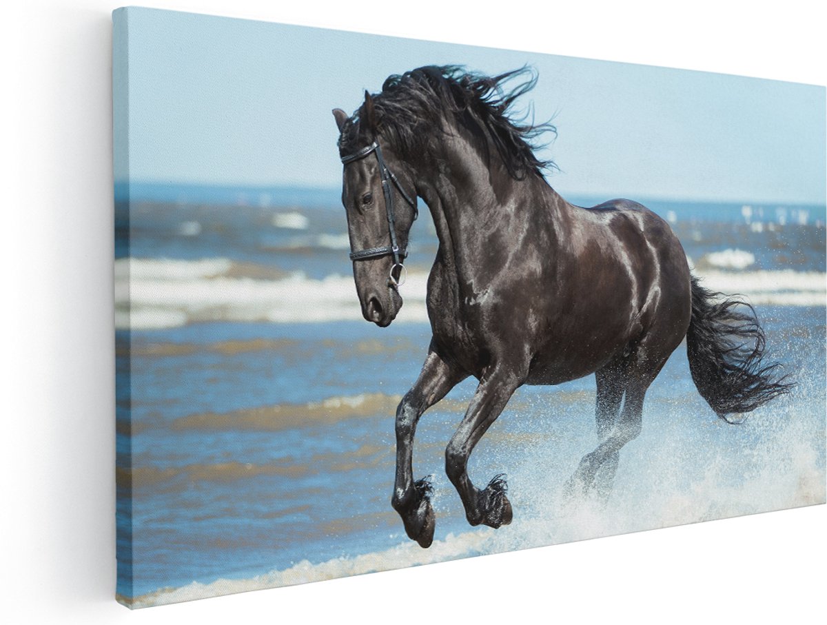 Artaza Canvas Schilderij Zwart Paard In Het Water - 180x90 cm - Groot - Wanddecoratie Woonkamer - Schilderijen - Muurdecoratie