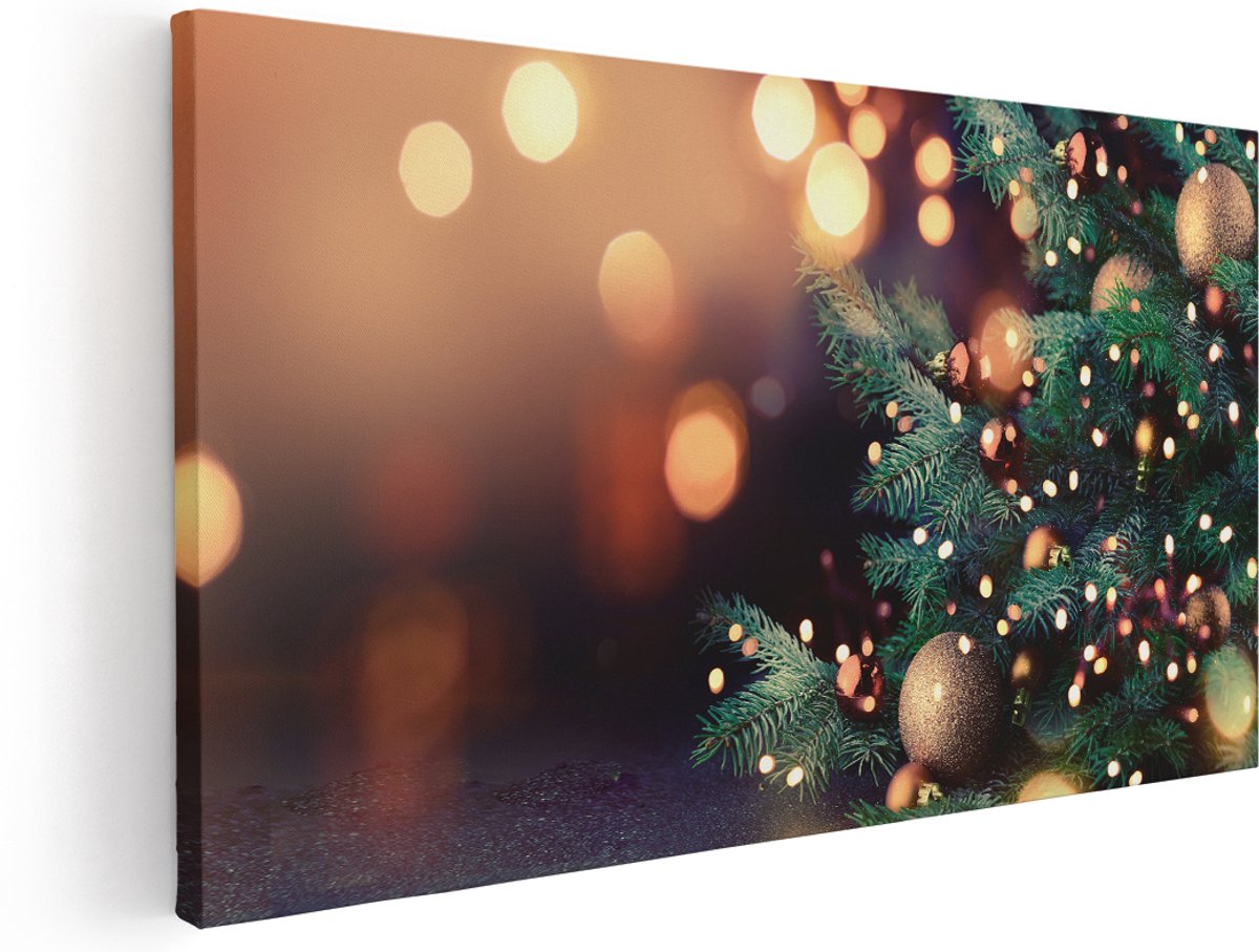 Artaza Canvas Schilderij Versierde Kerstboom Met Lichtjes - 180x90 cm - Groot - Wanddecoratie Woonkamer - Schilderijen - Muurdecoratie