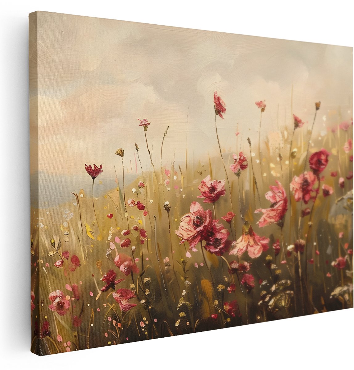 Artaza Canvas Schilderij Bloemenveld - 160x120 cm - Groot - Wanddecoratie Natuur Landschap - Muurdecoratie Boho - Decoratie Roze Schilderijen Op Canvas