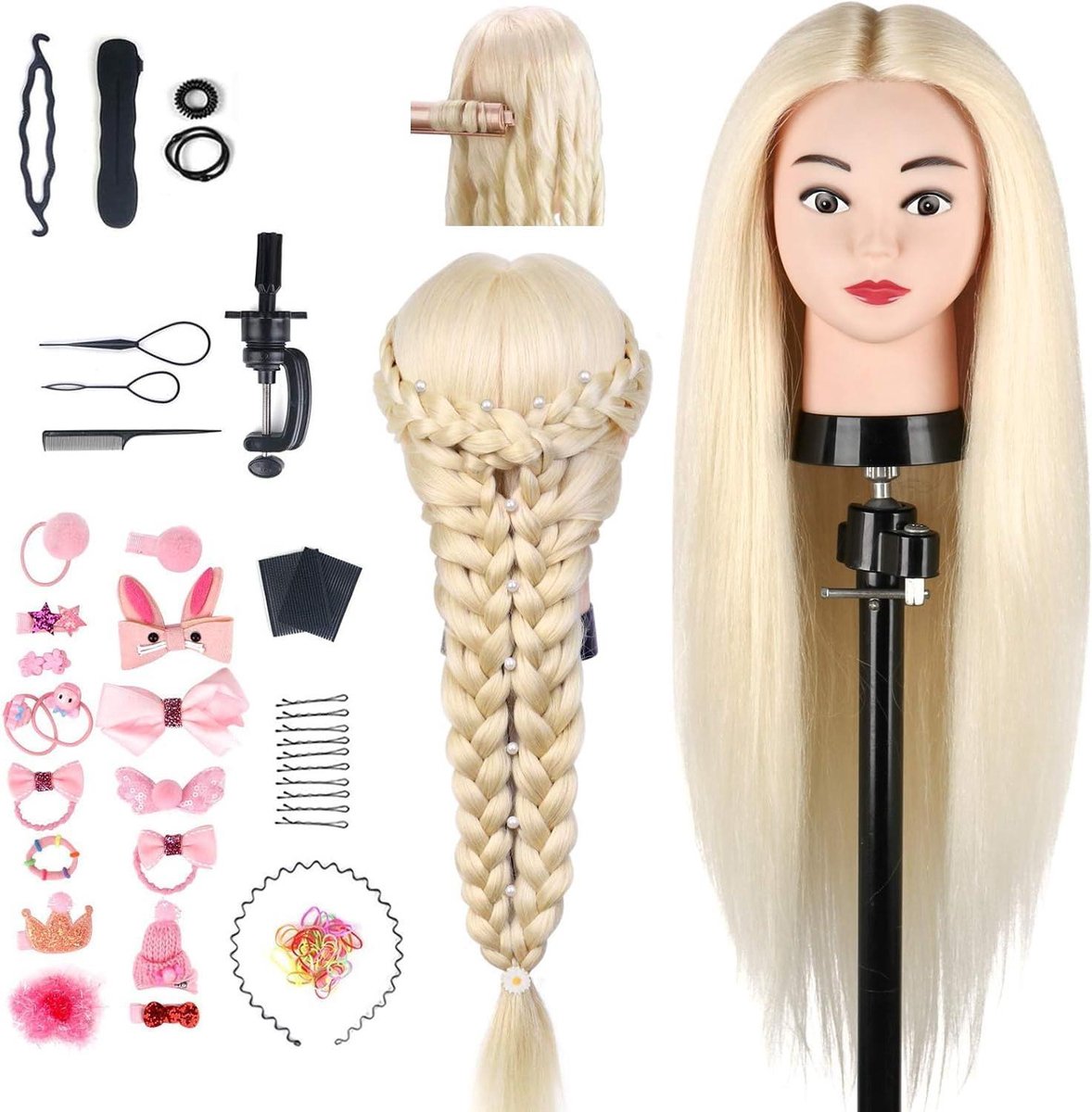 Trainingshoofd Haar - Mannequin Pop - Haar Styling Oefenen - Met Echt Haar - 61 cm - Blond