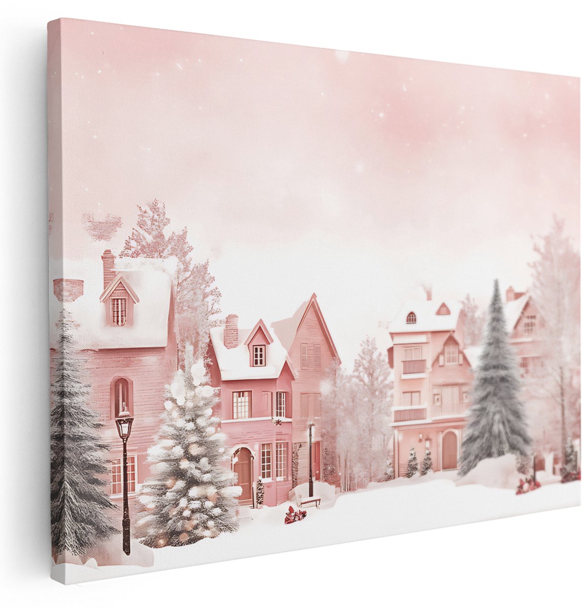 Artaza Canvas Schilderij Winterlandschap - 160x120 cm - Groot - Wanddecoratie Roze Dorp - Muurdecoratie Sneeuw - Schilderijen Op Canvas