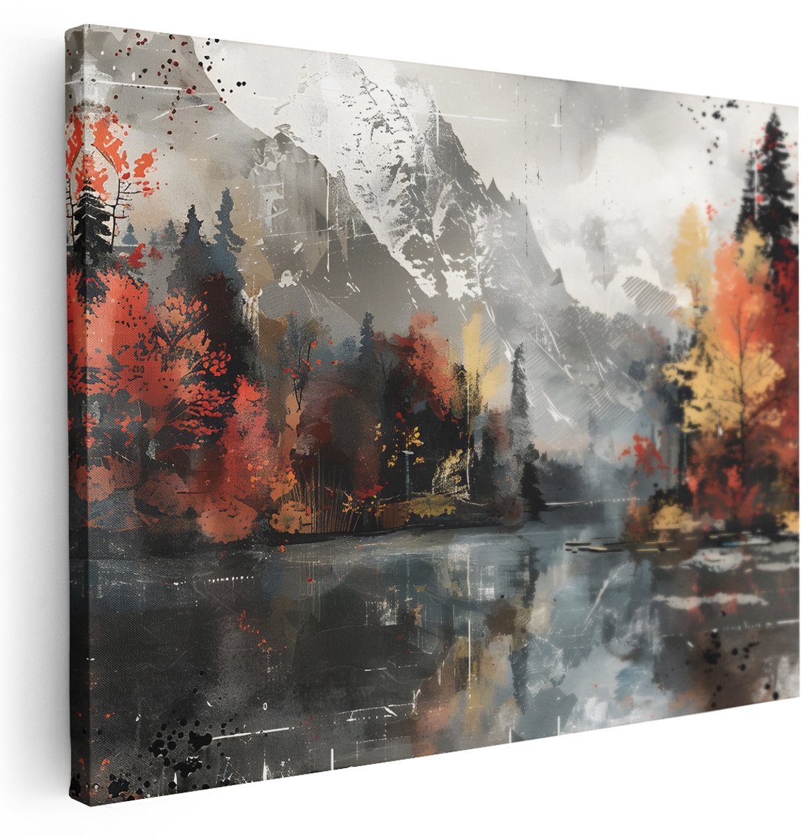 Artaza Canvas Schilderij Abstract Berglandschap - 160x120 cm - Groot - Wanddecoratie Herfst Bos - Muurdecoratie Meer - Schilderijen Op Canvas