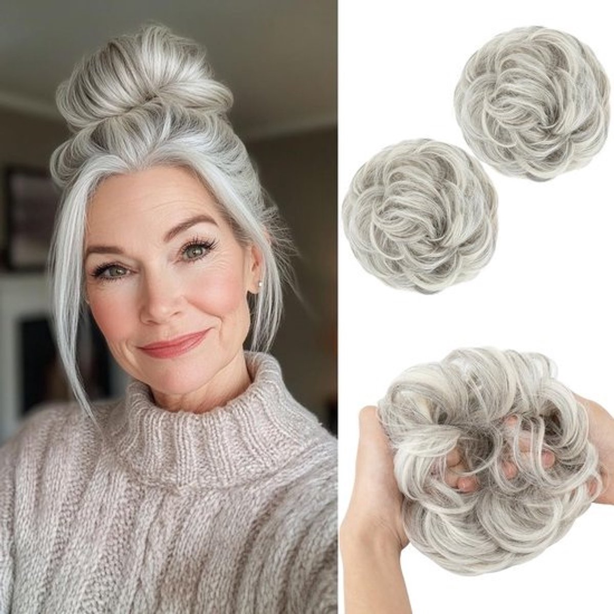 2x Rommelig Haarstuk Broodje Grijs - Synthetische Scrunchie Haarverlenging voor Opgestoken Kapsels
