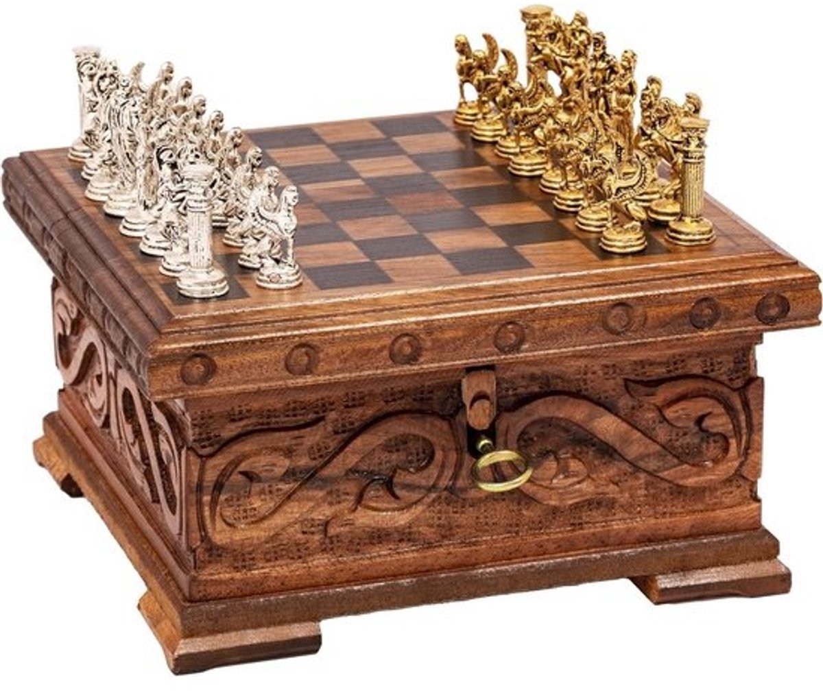 Handgemaakt Houten Schaakbord met Opbergvak en Sleutel - Klassiek Design