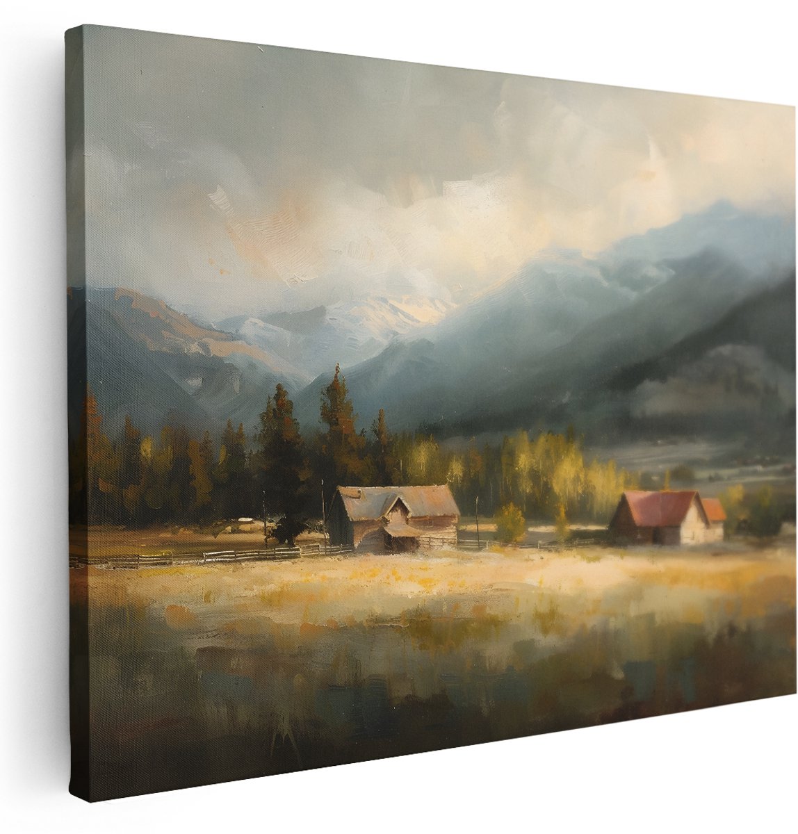 Artaza Canvas Schilderij Landschap - 160x120 cm - Groot - Wanddecoratie Boerderij Bergen - Muurdecoratie Natuur Rustiek - Schilderijen Op Canvas
