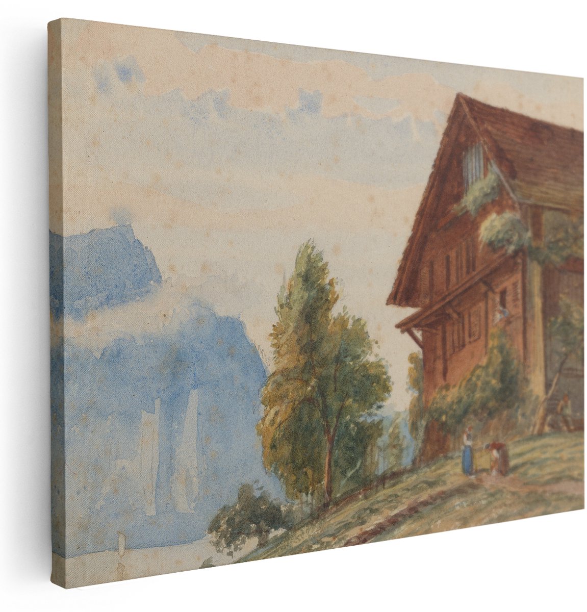 Artaza Canvas Schilderij Alpenhut - 160x120 cm - Groot - Vintage Muurdecoratie Landschap - Wanddecoratie Bergen - Kamer Accessoires Natuur