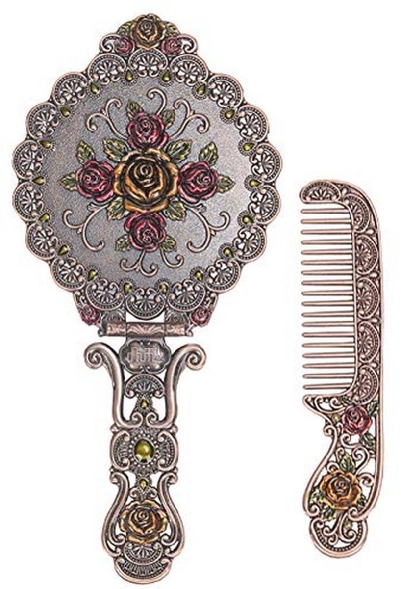 Vintage Ronde Metalen Spiegel en Kam Set in Antieke Stijl