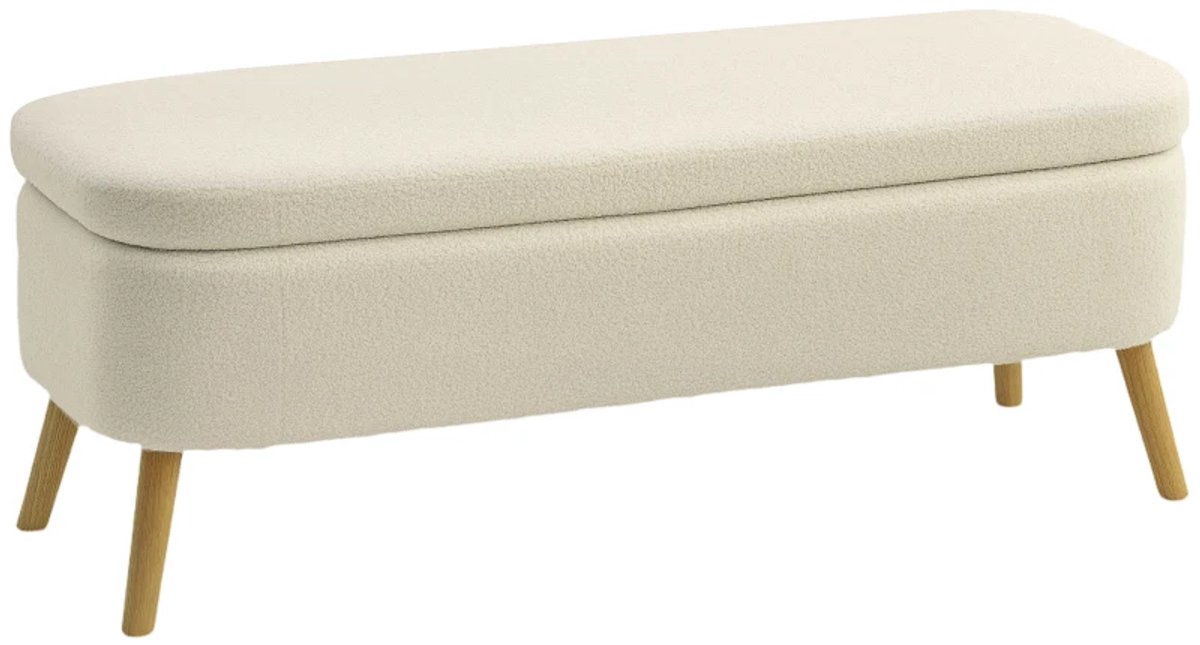 Bankje - Opbergbank Met 65 L Opbergruimte - Teddyfleece Stof - Rubbenhout - 120 x 42 x 45 cm - Beige
