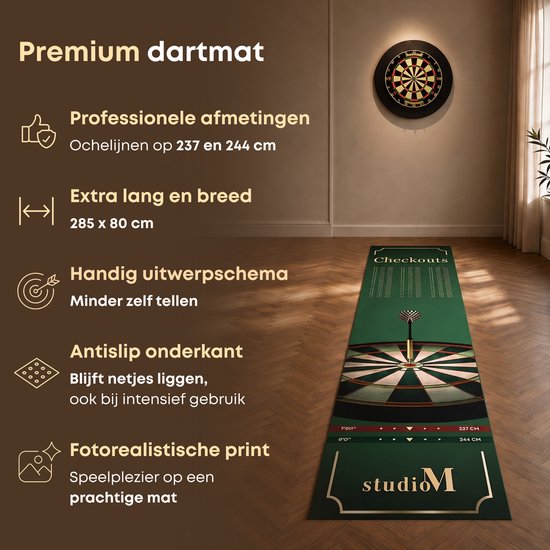 Studio M Dartmat Premium - Extra lang en breed - 80 x 285 cm - Inclusief Uitwerpschema - Officiële Afmetingen - Antislip - Dartmat voor onder Dartboard - Cadeautip van Studio M — afbeelding 2