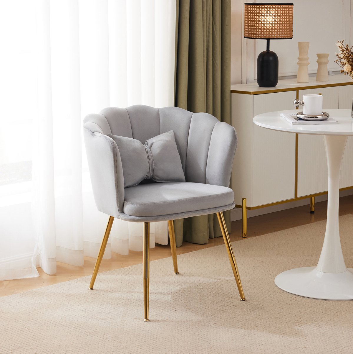 REDOM - Fauteuil - Bloemblaadjes-rugleuning - Met vlinderkussen en armleuningen - Moderne stijl - Velvet - Grijs - 63 x 58 x 77 cm