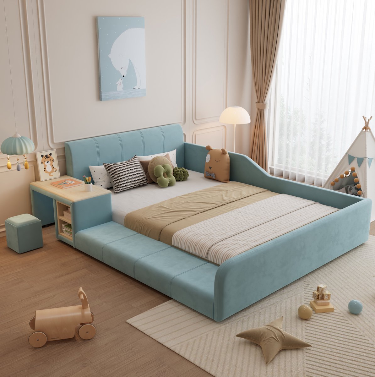 Wishdor Kinderbed 140x200 cm - Met bureau en kruk - Met opbergruimte en uitvalbeveiliging - Modern - Kinderkamer slaapkamer - Stof hout metaal - Blauw en neutraal
