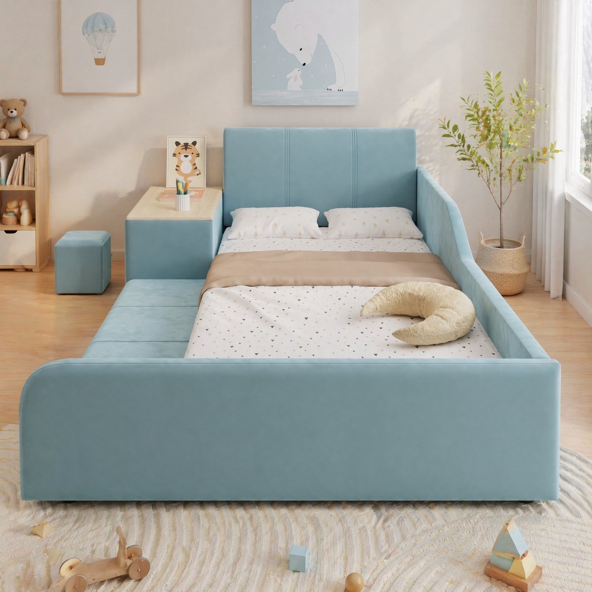 Wishdor Kinderbed 90x200 cm - Gestoffeerd frame - Met bureau en hocker - Met opbergschap en hoge zijpanelen - Moderne uitstraling - Kinderkamer - Stof - Blauw