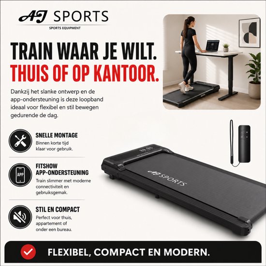 Vrouw op een zwarte AJ-Sports loopband bij een sta-bureau, die traint in een kantooromgeving.
