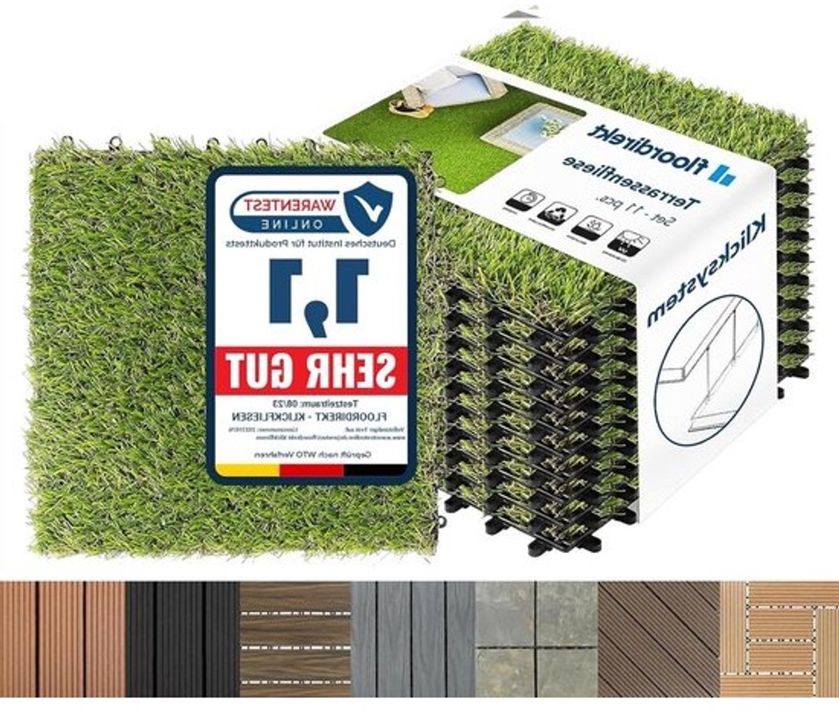 Tuintegels Kunstgras - Balkontegels Vlonder - Buitenruimte Ontwerpen - Eenvoudig Kliksysteem - 1 m² 11 Stuks - Groen