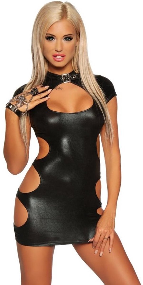 Verleidelijke Zwarte Wetlook Mini Jurk met Cut-outs