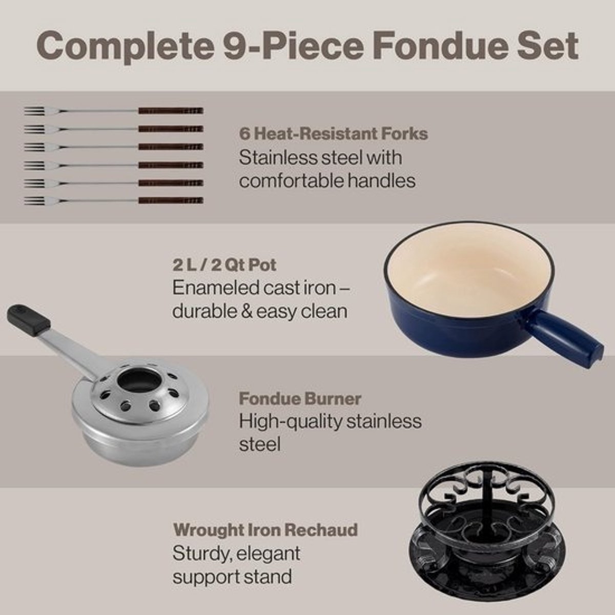 Luxe Gietijzeren Kaasfondue Set 9-Delig voor Alle Warmtebronnen – foto 3