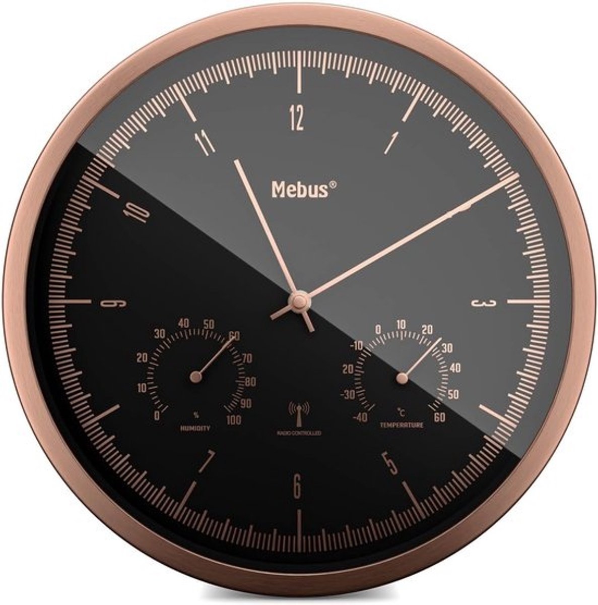 Stille Draadloze Wandklok met Thermo- en Hygrometer, 25 cm, Zwart/Koper