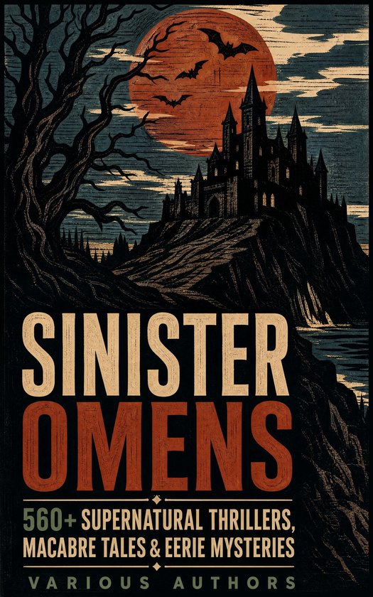 Boekkaft met de titel 'Sinister Omens', met een kasteel, een grote maan en vleermuizen.