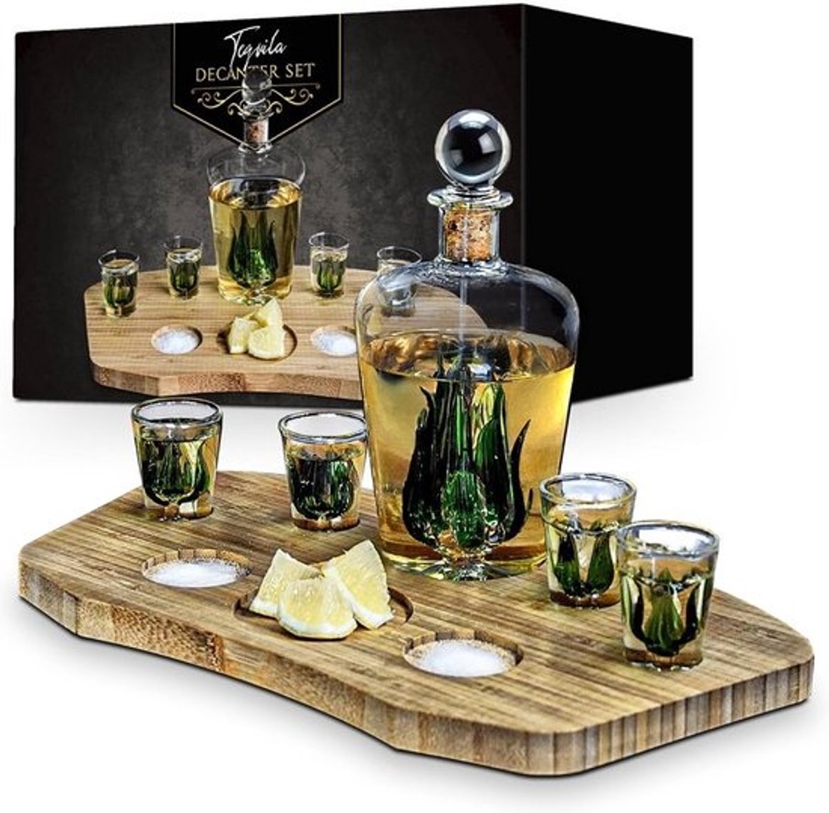 Tequila Karaffen Set met 4 Shotglaasjes en Bamboe Dienblad - 840 ml Drank Geschenkset