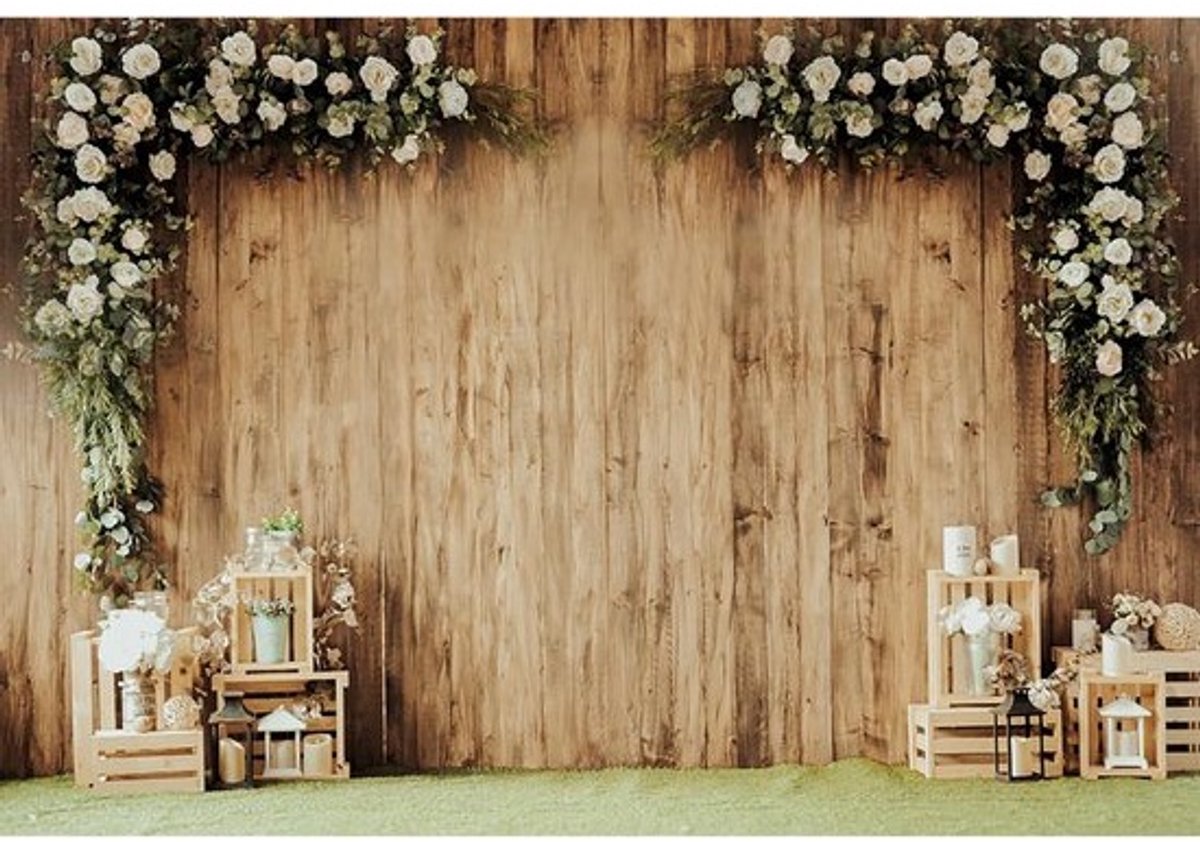 Bruiloft Achtergrond voor Fotografie - Geheime Tuin met Houten en Witte Bloemen Decor