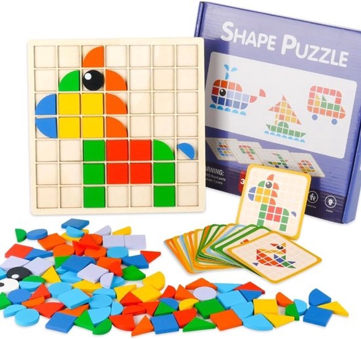 Montessori Tangram Puzzel voor Kinderen - Houten Mozaïek met 130 Geometrische Vormen en 20 Dubbelzijdige Motiefkaarten - Puzzelspel voor Jongens en Meisjes vanaf 3 Jaar