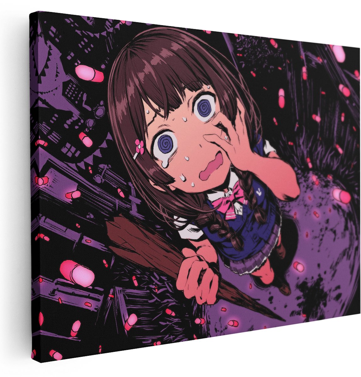 Artaza Canvas Schilderij Anime Schoolmeisje - 160x120 cm - Groot - Wanddecoratie Japan - Muurdecoratie Donker - Schilderijen Op Canvas Portret