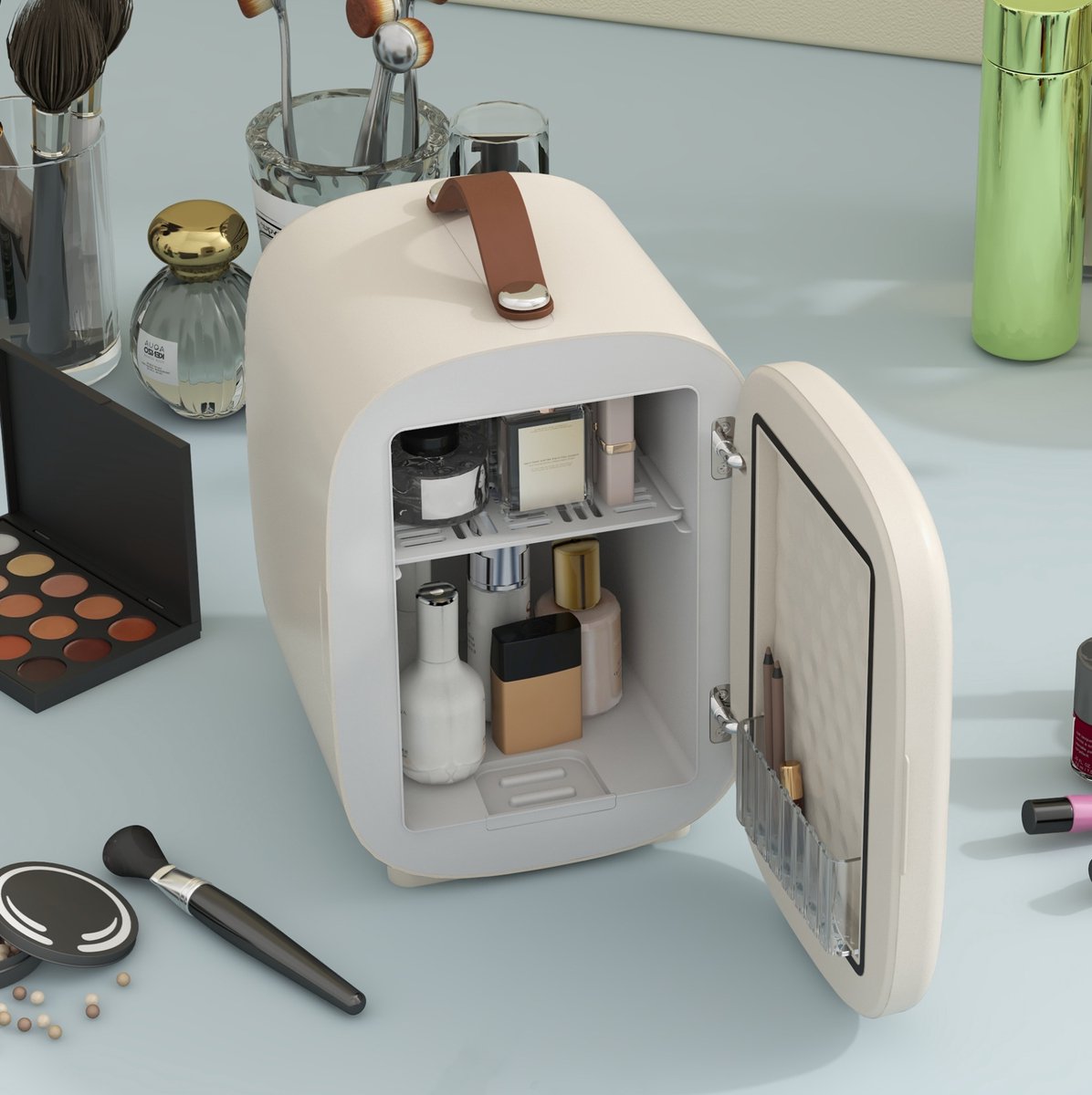 COVREO Mini-koelkast 4L crème wit aluminium - koelen en verwarmen - draagbaar voor cosmetica
