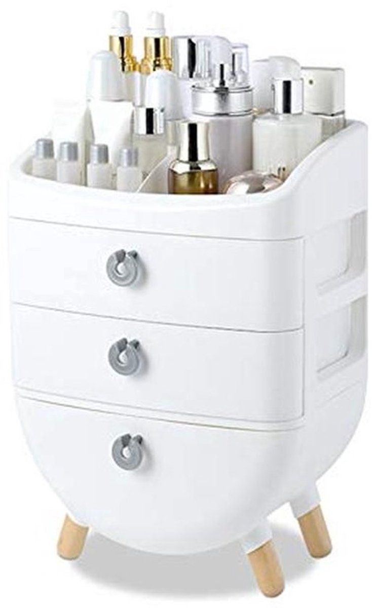 Eenvoudige Draagbare Make-up Organizer - Cosmetica Opbergbox met 2 Laden en Houten Poten - Wit