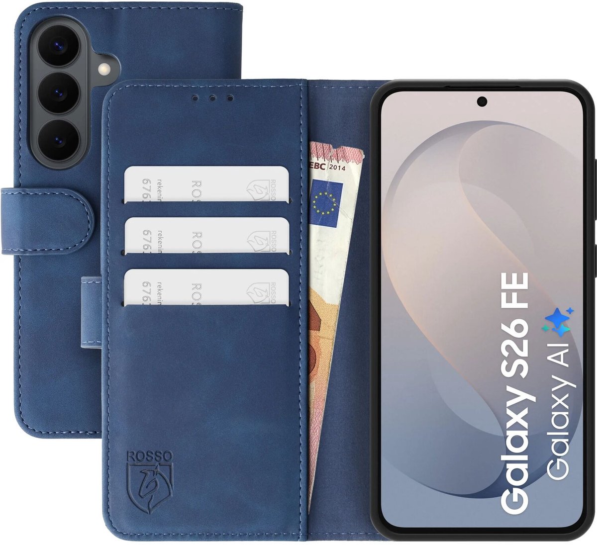 Rosso Element Geschikt voor Samsung Galaxy S26 FE | Wallet Book Case | Portemonnee Hoesje | 3 Pasjes | Magneetsluiting | Stand Functie | Blauw
