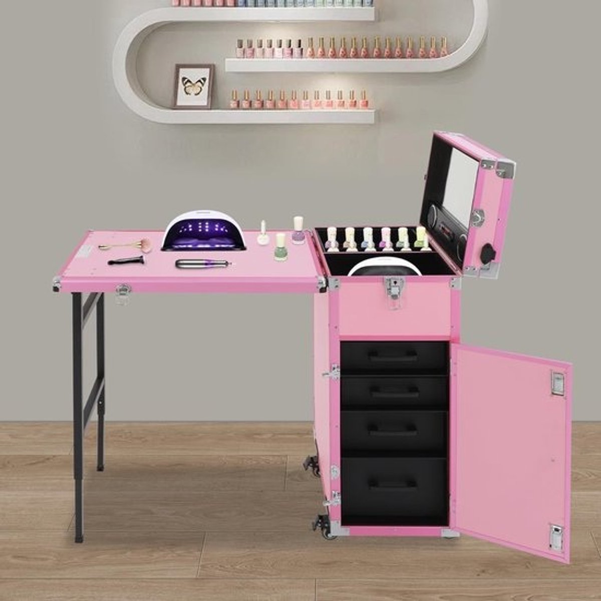 Grote Cosmeticakoffer met Wielen en 4 Laden - 2-in-1 Trolley en Kapperskoffer - Roze