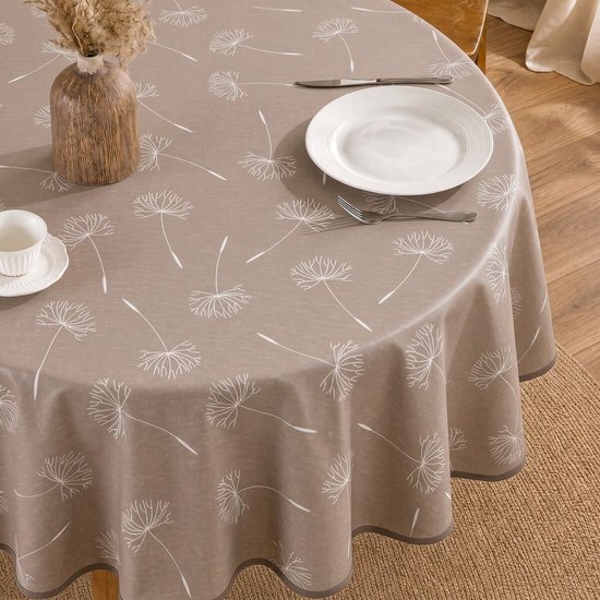 Rond tafelzeil in beige met een wit paardenbloemprint en een grijze rand.