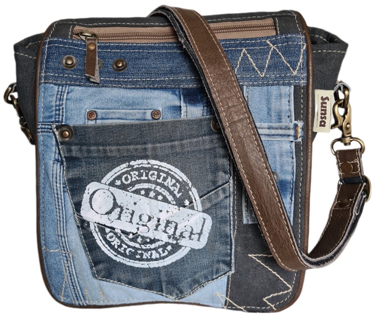 Sunsa-Tas-Denim-Canvas-Leer-gerecyclede jeans-dames-heren-Retro-Vintage-Streetwear-25 x 27 x 8 cm