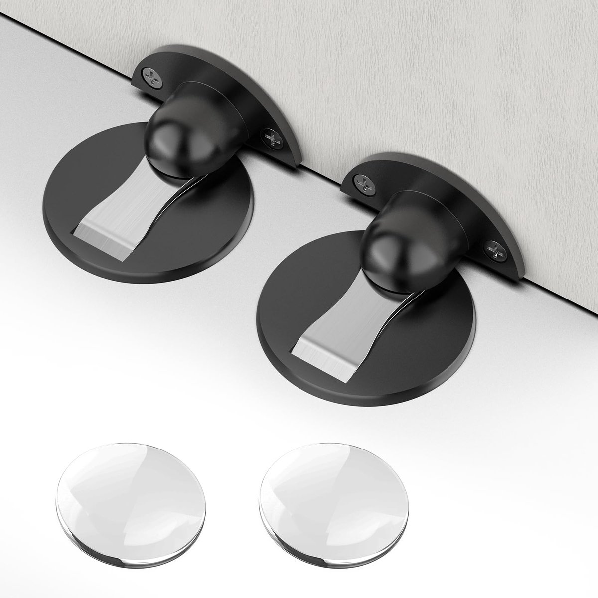Deurstopper set - 2 Onzichtbare Magnetische Deurstoppers met 3M Zelfklevende en Schroefmontage & 2 Stille Muurbeschermers - Zonder Boren - Voor Thuis Kantoor Slaapkamer - Zwart
