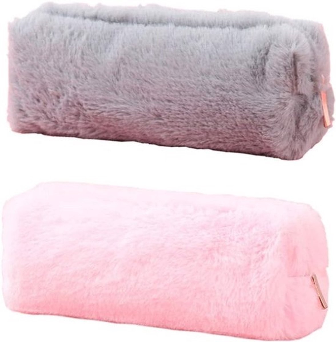 Set van 2 Fluffy Pennen Etuis met Rits - Roze/Grijs - Groot School & Make-up Tasje