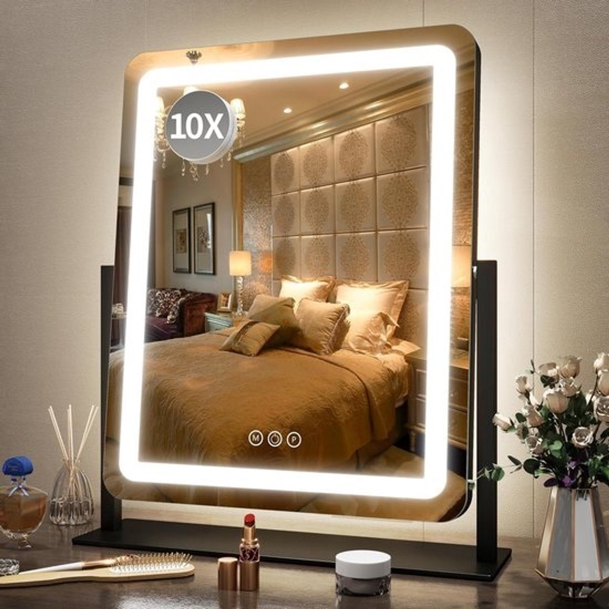 Grote Verlichte Make-upspiegel met Dimbare LED, 3 Kleuren, 5x Vergroting, Aanraakscherm, voor Bureau, Slaapkamer en Kleedkamer