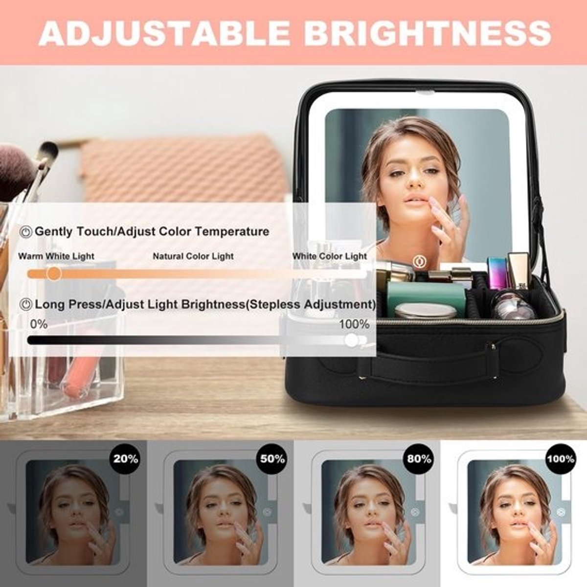 Reis Make-up Tas met Verlichte LED Spiegel en 10x Vergroting - Make-up Organizer met Verstelbare Vakken
