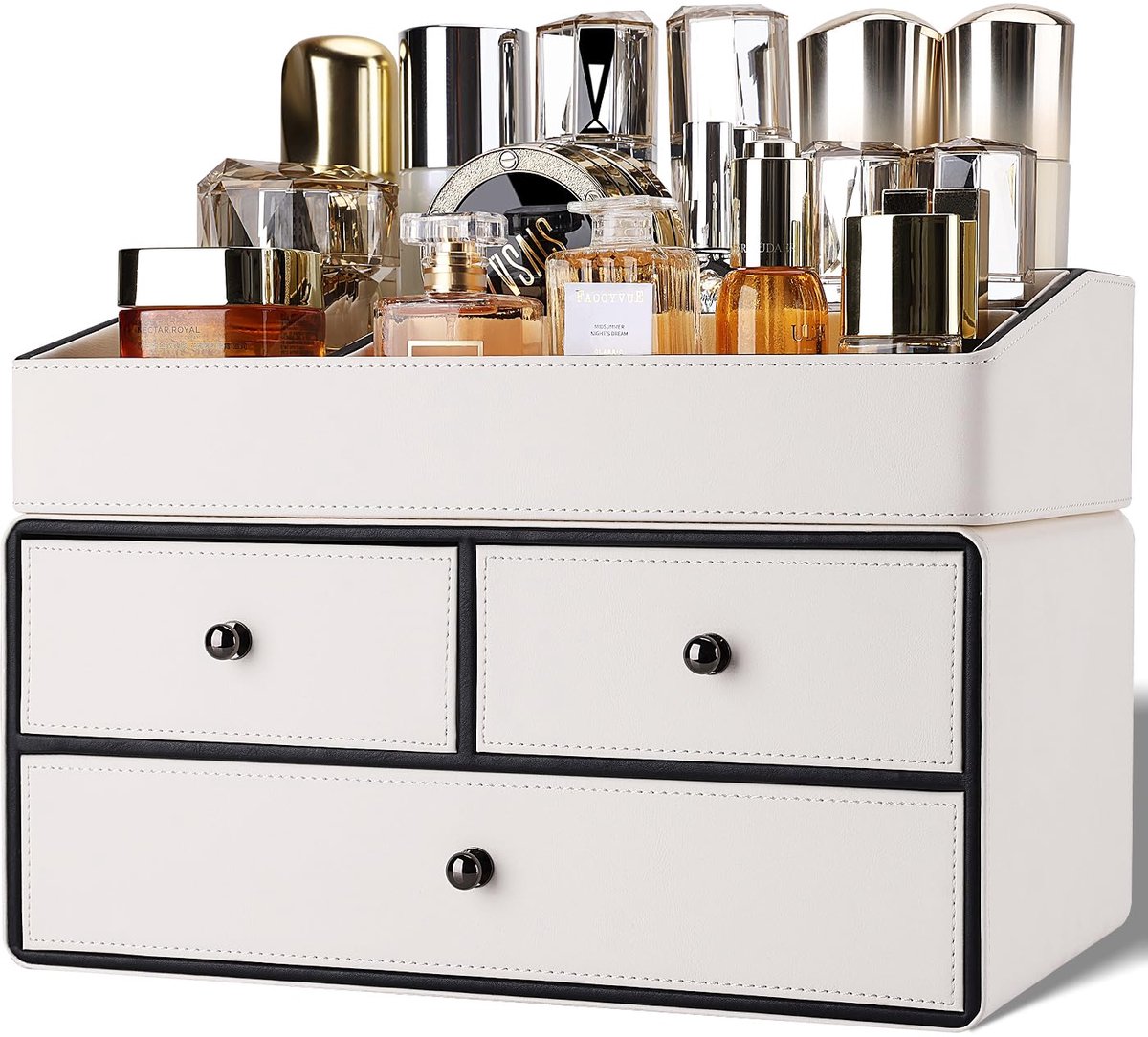 Cosmetica Organizer - 2-laags met 3 Lades - Leder - Voor Make-up Tafel, Bureau, Slaapkamer en Badkamer - Wit