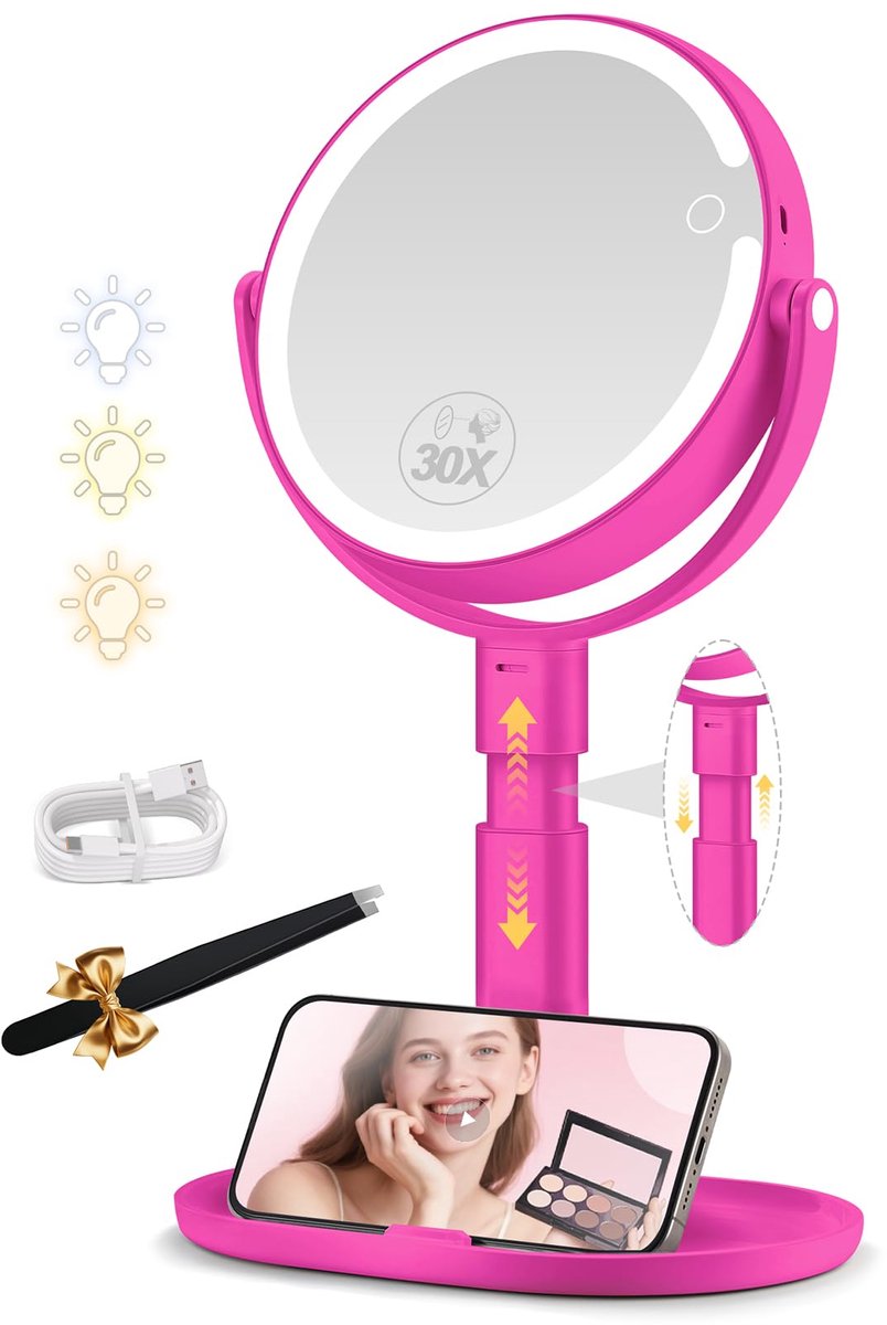 Make-up spiegel met verlichting - 30x vergroting - Dubbelzijdig & 360° draaibaar - In hoogte verstelbaar - 3 lichtkleuren - Felroze