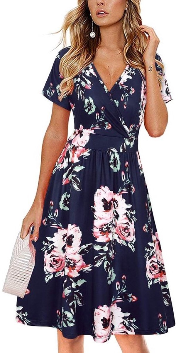 Dames Zomerjurk Korte Mouwen V-Hals Wikkel Look Midi Rok met Zakken