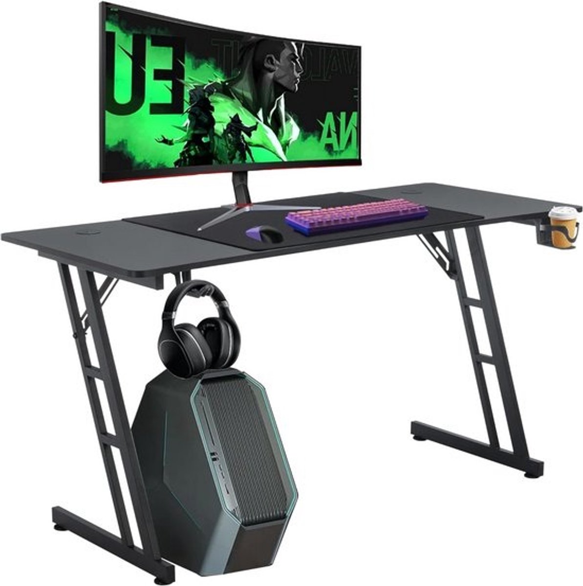 Gamingtafel 160 x 60 cm In Hoogte Verstelbaar met Koptelefoonhouder en Kabelmanagement