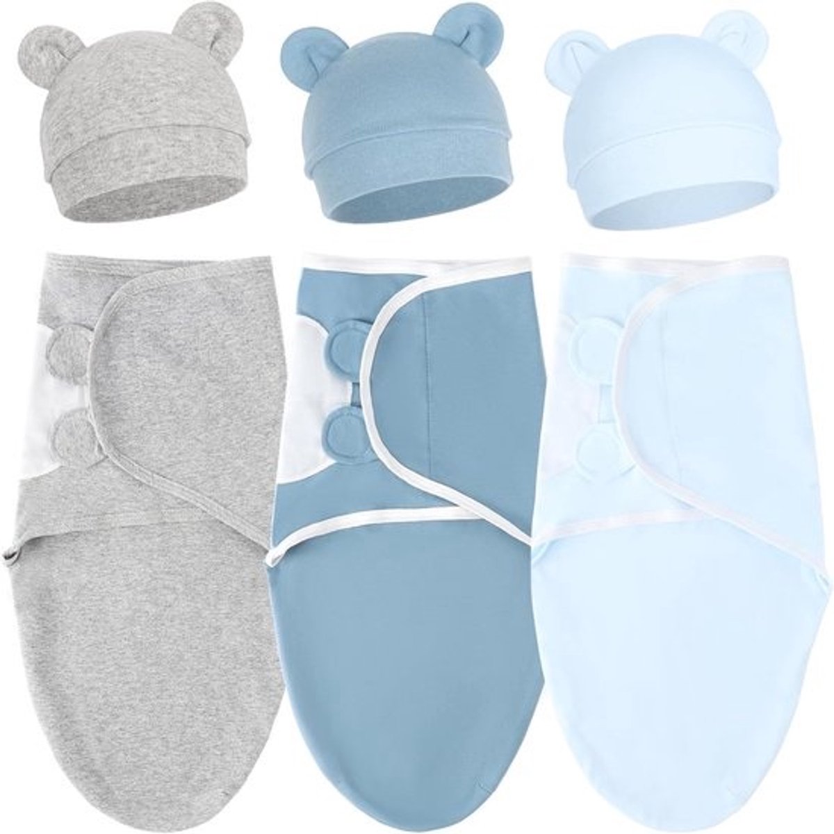 3-Pack Newborn Luierslaapzakjes met Bijpassende Mutsjes - Verstelbare Inbakerdoeken voor Baby Meisjes en Jongens 0-3 Maanden