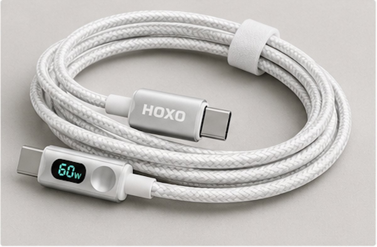 HOXO USB-C naar USB-C Kabel 60W PD – 1 Meter – Digitaal Wattage Display – Snelladen – Gevlochten Oplaadkabel – Wit