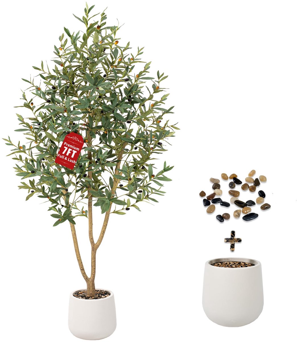 Kunst Olijfboom - Met 1230 realistische bladeren en 41 levensechte olijven, inclusief witte pot - Decoratie voor kantoor, woonkamer en slaapkamer - 210 cm