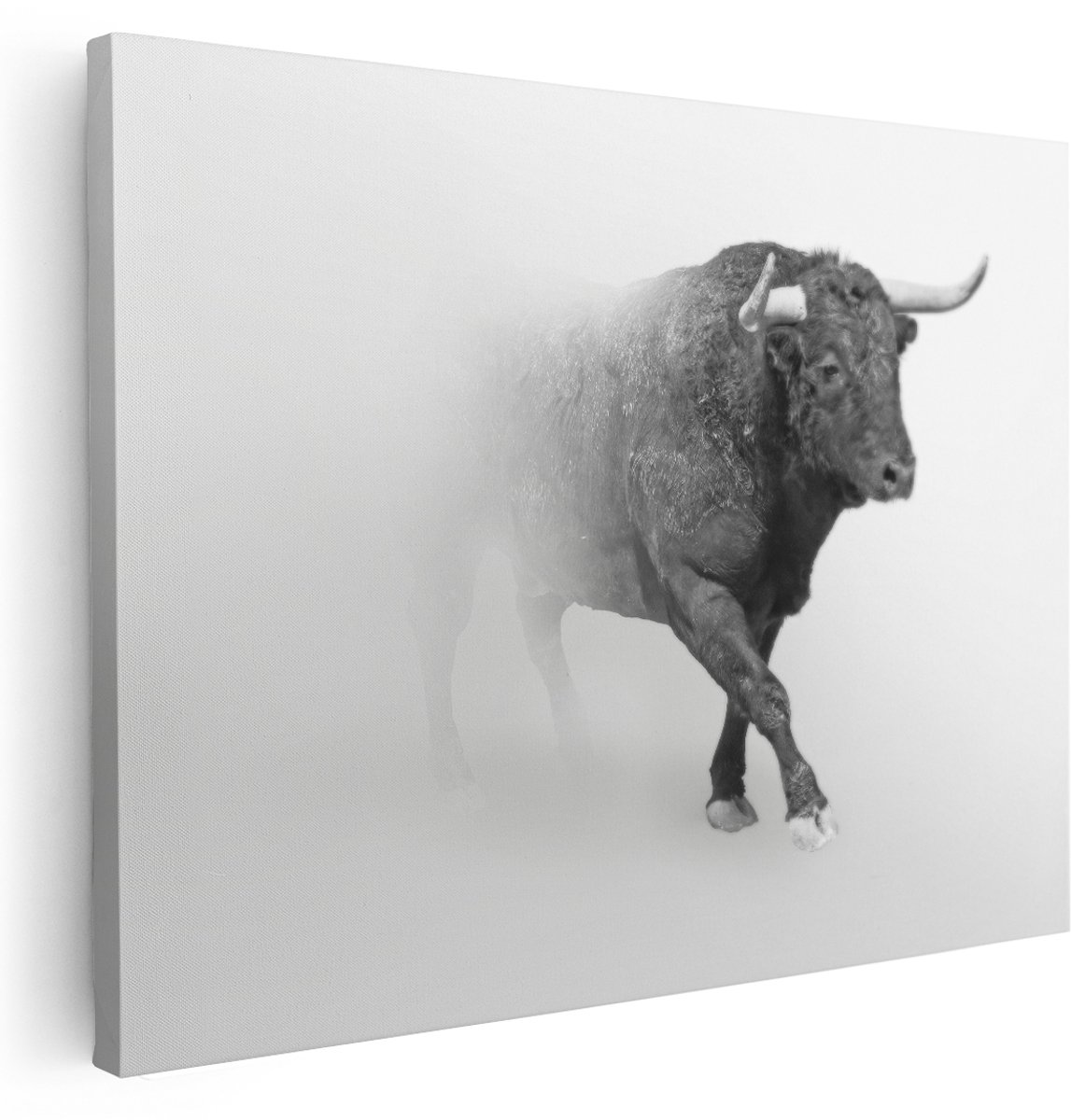 Artaza Canvas Schilderij Stier Op Een Grijze Achtergrond - Zwart Wit - 160x120 cm - Groot - Wanddecoratie Woonkamer - Schilderijen - Muurdecoratie