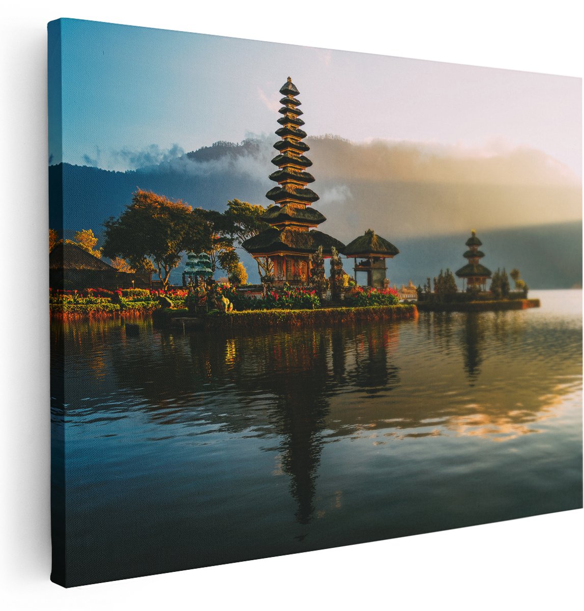 Artaza Canvas Schilderij Pura Tempel in Bali op het Meer Beratan - 160x120 cm - Groot - Wanddecoratie Woonkamer - Schilderijen - Muurdecoratie
