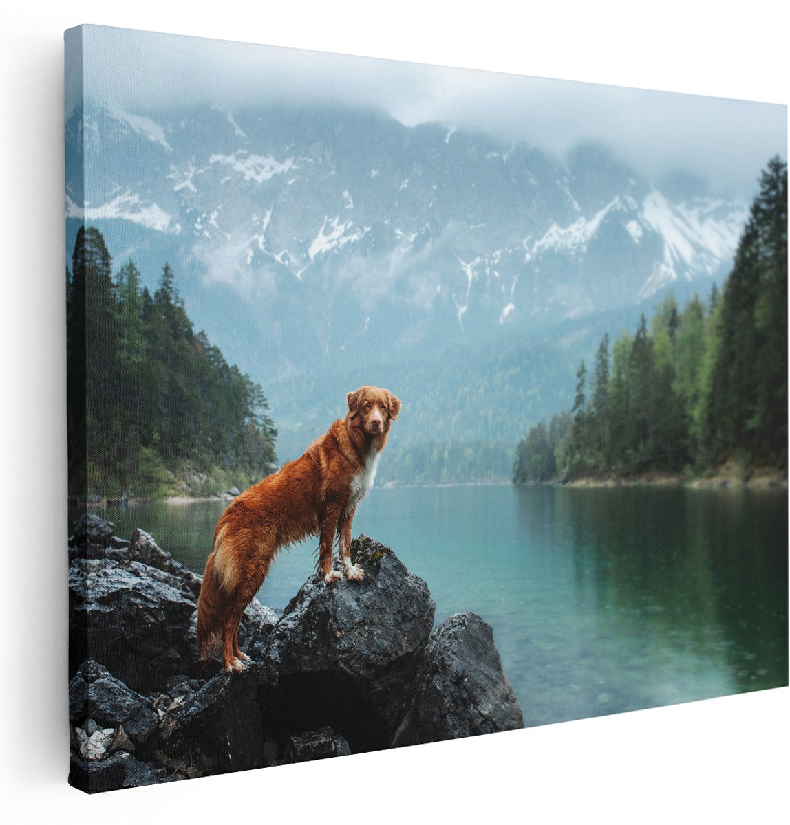 Artaza Canvas Schilderij Retriever Hond Bij Het Water In De Bergen - 160x120 cm - Groot - Wanddecoratie Woonkamer - Schilderijen - Muurdecoratie