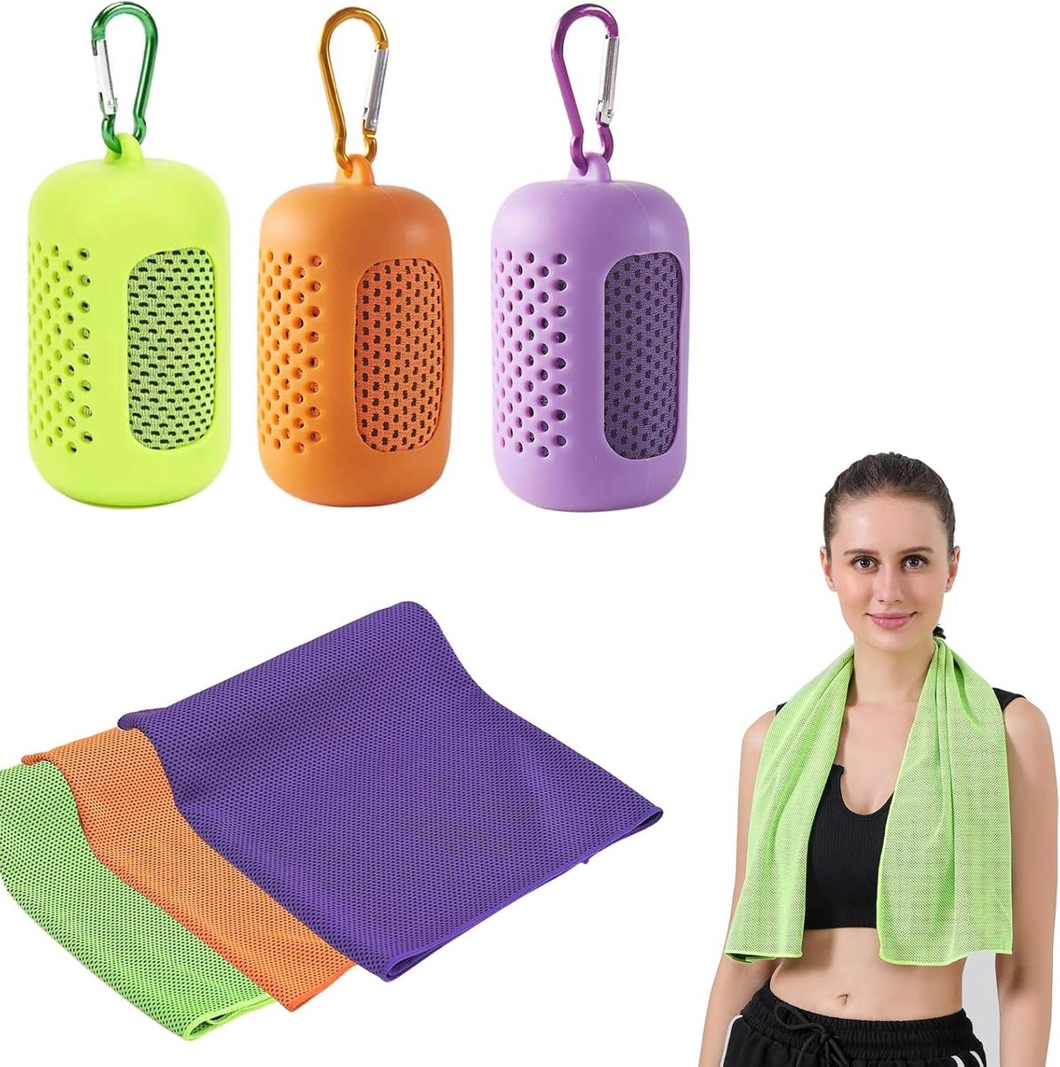 Koelhanddoeken Set van 3 - Sneldrogende Sporthanddoeken met Draagbare Siliciumhoezen voor Fitness en Buitensport (30x90cm, 3 Kleuren) - Ideaal voor Warm Weer en Actieve Levensstijl