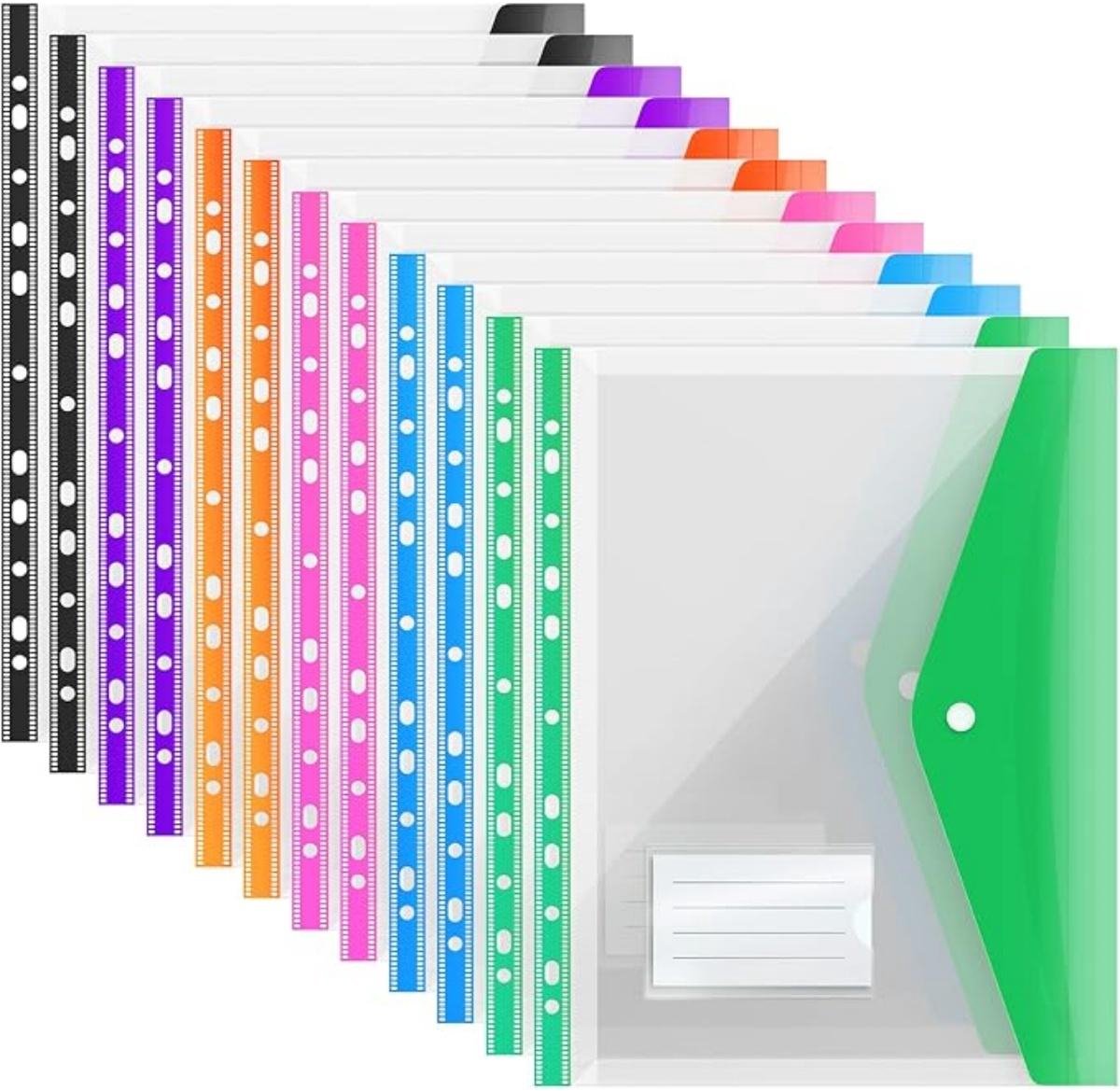 SSTRWGOOD 12 Stuks Mappen en Ordners - A4 Sichtmappen met Drukknop - Geschikt voor 11-Gatsystemen - Uitbreidbare Documentenmappen met Etikethouder - 23x32cm - Kunststof - 6 Kleuren Set